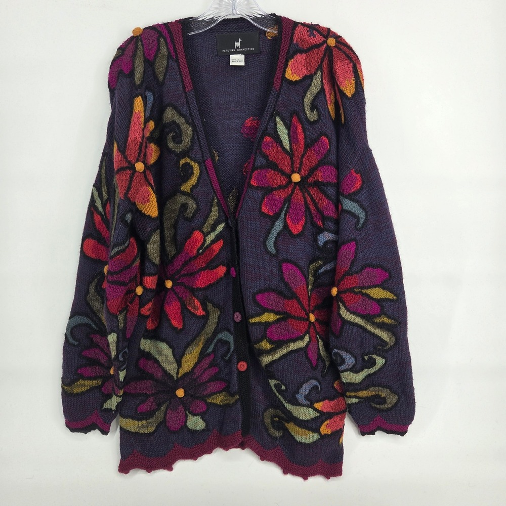 Peruvian Connection Cardigan L Purple Floral 100% Alpaca Boho Eclectic Sweater